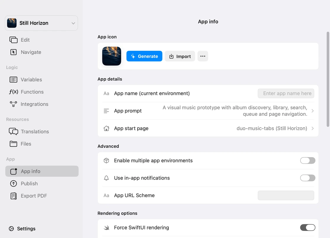 Appmost App info showing the app icon with Generate and Import actions