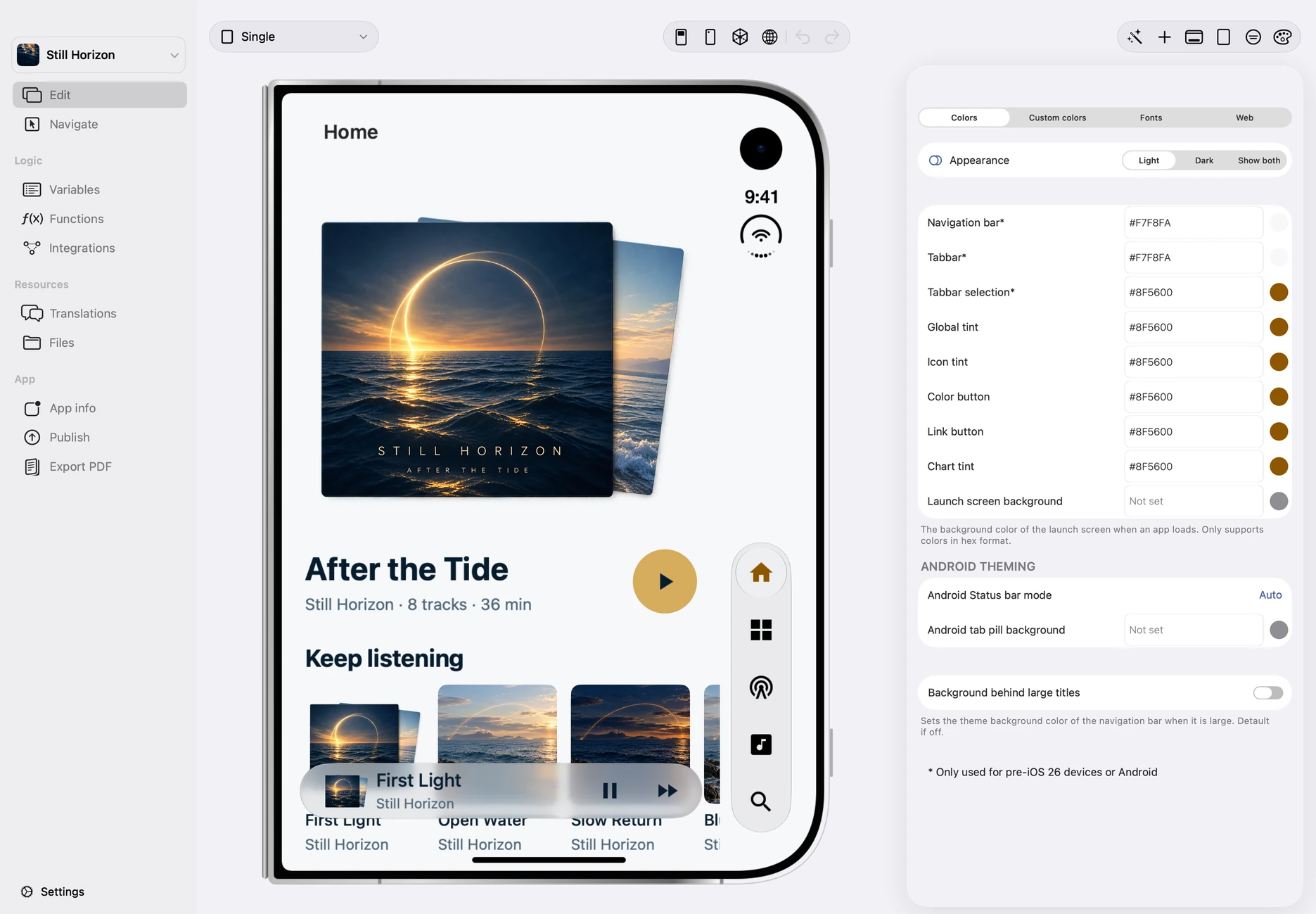Appmost’s Colors inspector open beside Still Horizon on folded iPhone Duo
