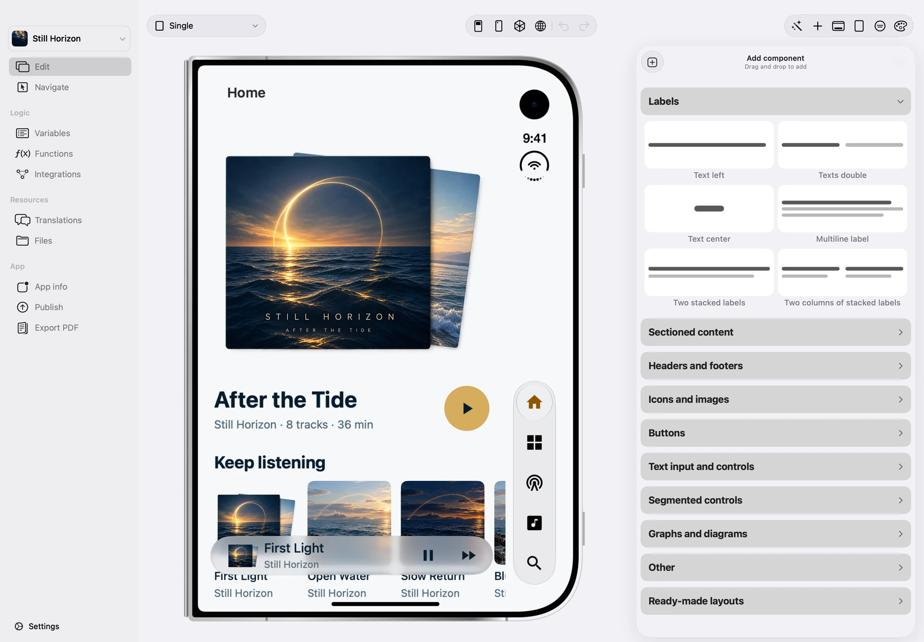 Appmost showing Still Horizon and its native component inspector