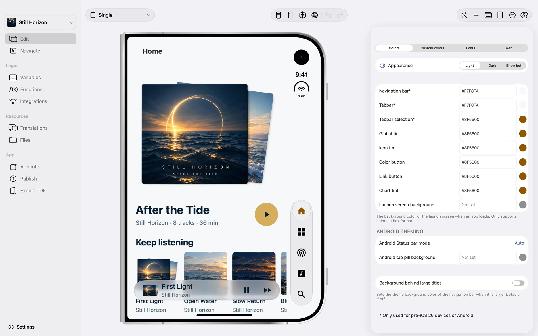 Complete Appmost workspace export showing Still Horizon on compact iPhone Duo with the Colors inspector visible on the right