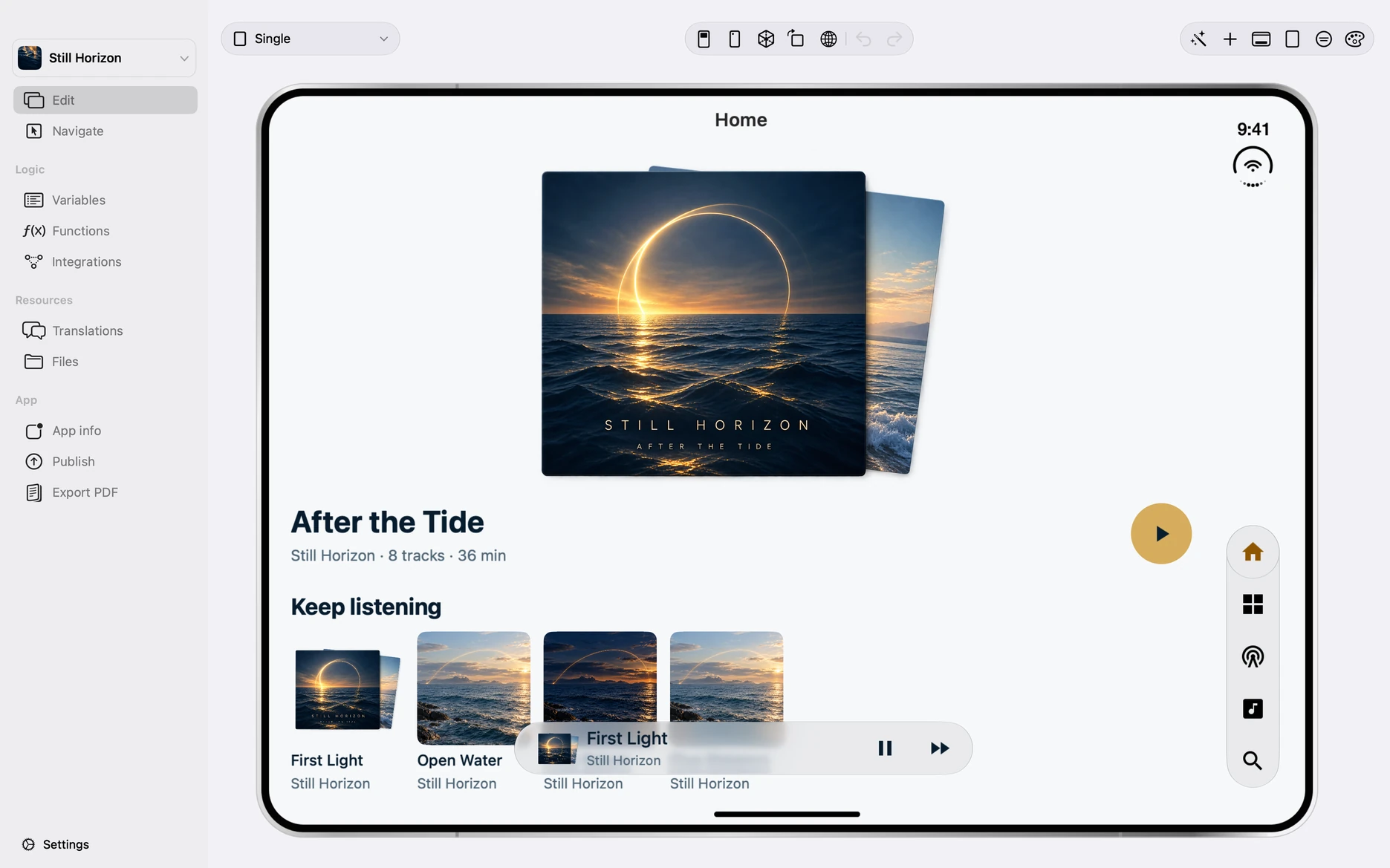 Complete Appmost workspace export showing Still Horizon’s music artwork, library and player in the expanded iPhone Duo design preview