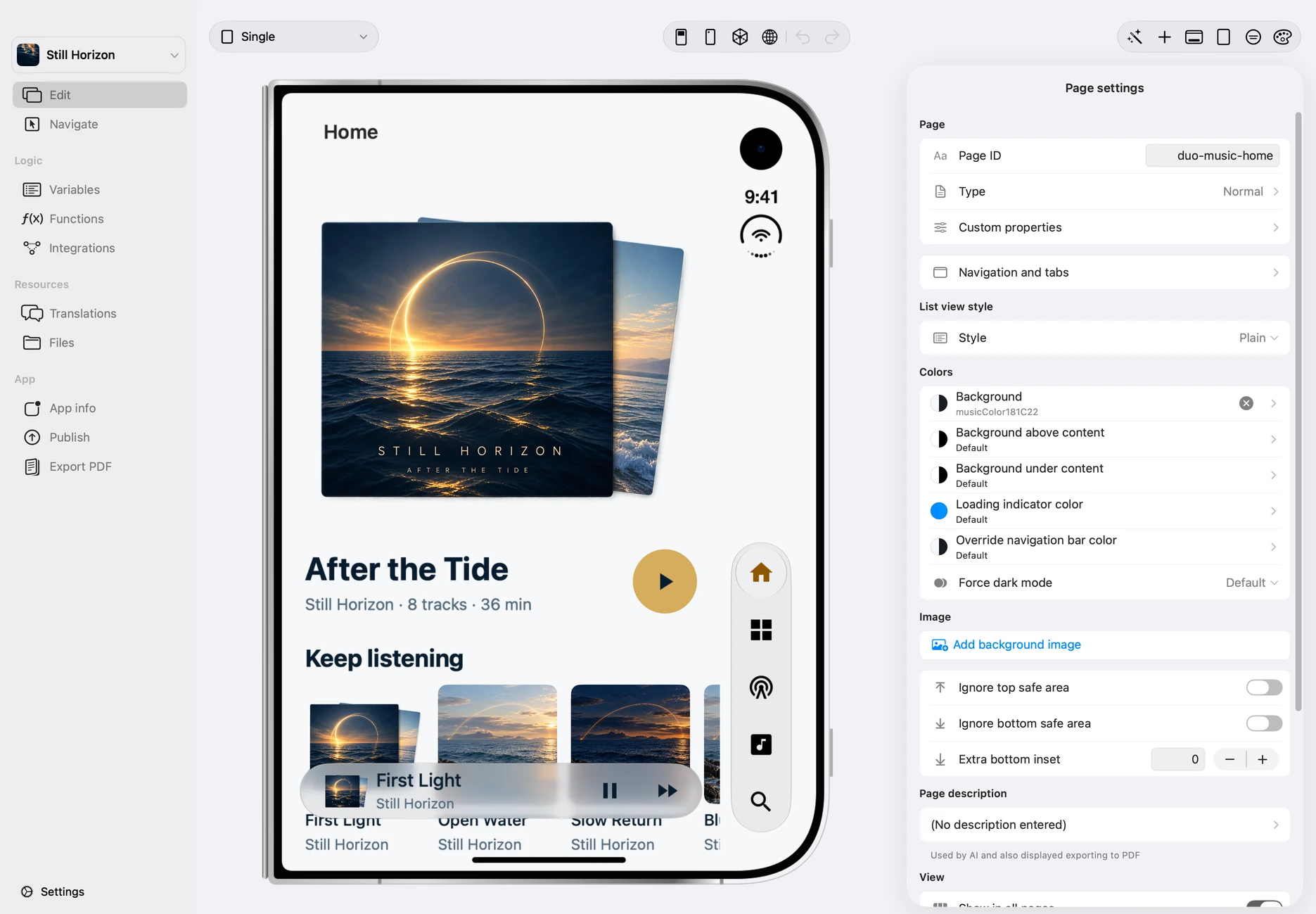 Still Horizon’s page settings inspector in Appmost, showing background, navigation and layout controls beside the preview