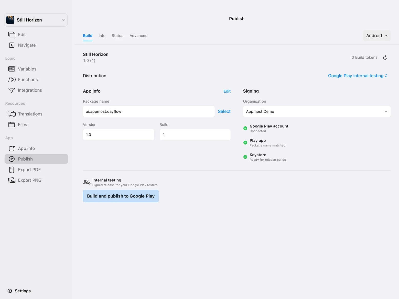 Appmost’s Android Publish workspace showing Google Play internal testing, the Appmost Demo organisation, signing readiness and Build and publish to Google Play action