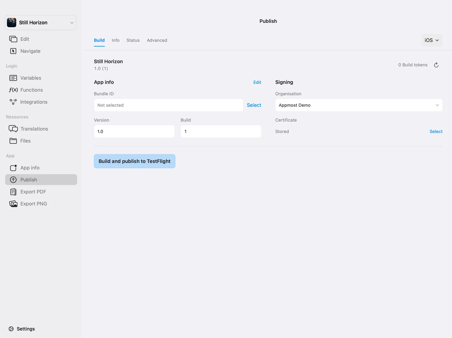 Appmost’s iOS Publish workspace showing the Appmost Demo organisation, signing setup and Build and publish to TestFlight action