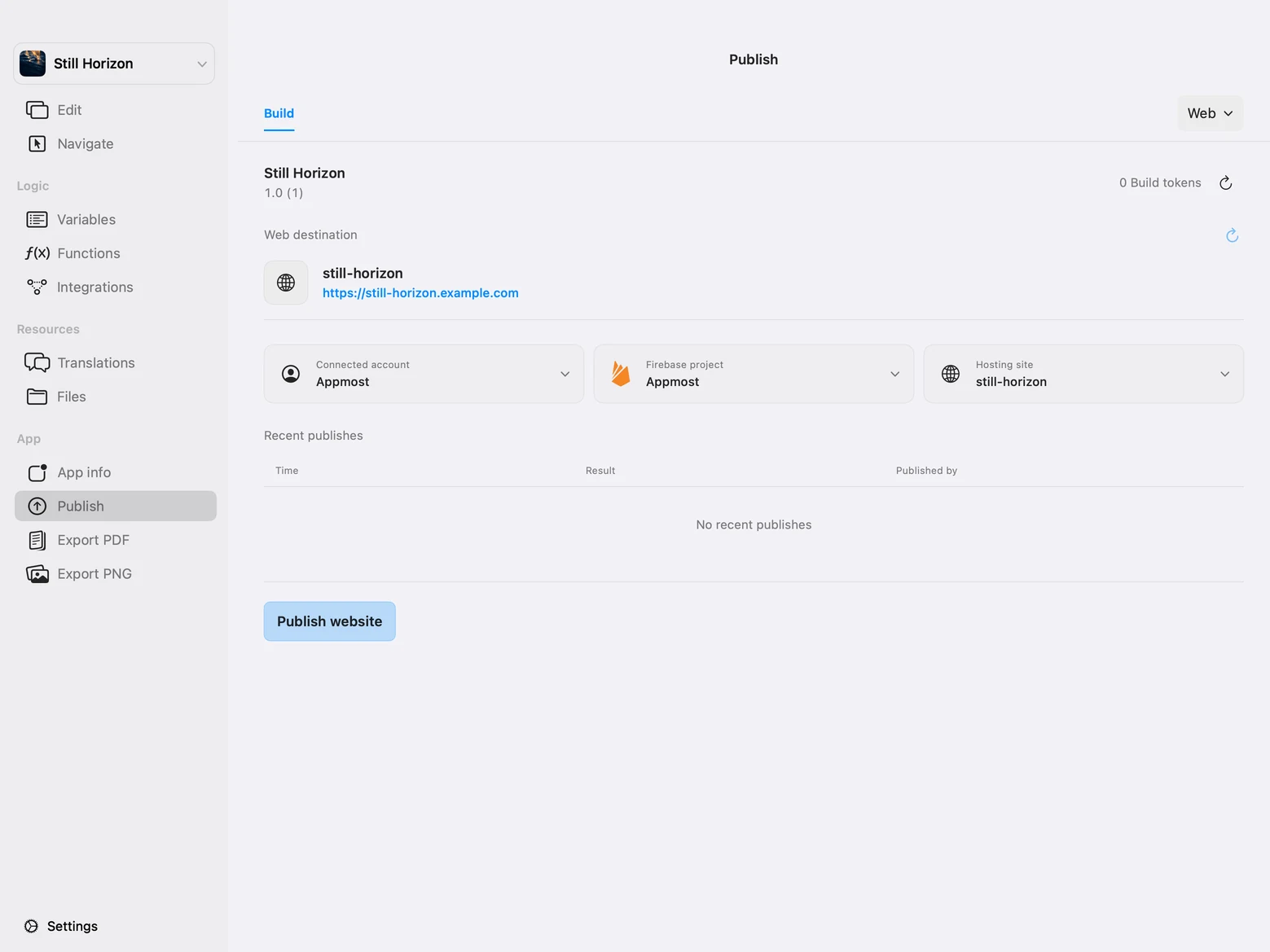 Appmost’s Web Publish workspace showing an Appmost account and Firebase project, a demo Hosting destination and Publish website action