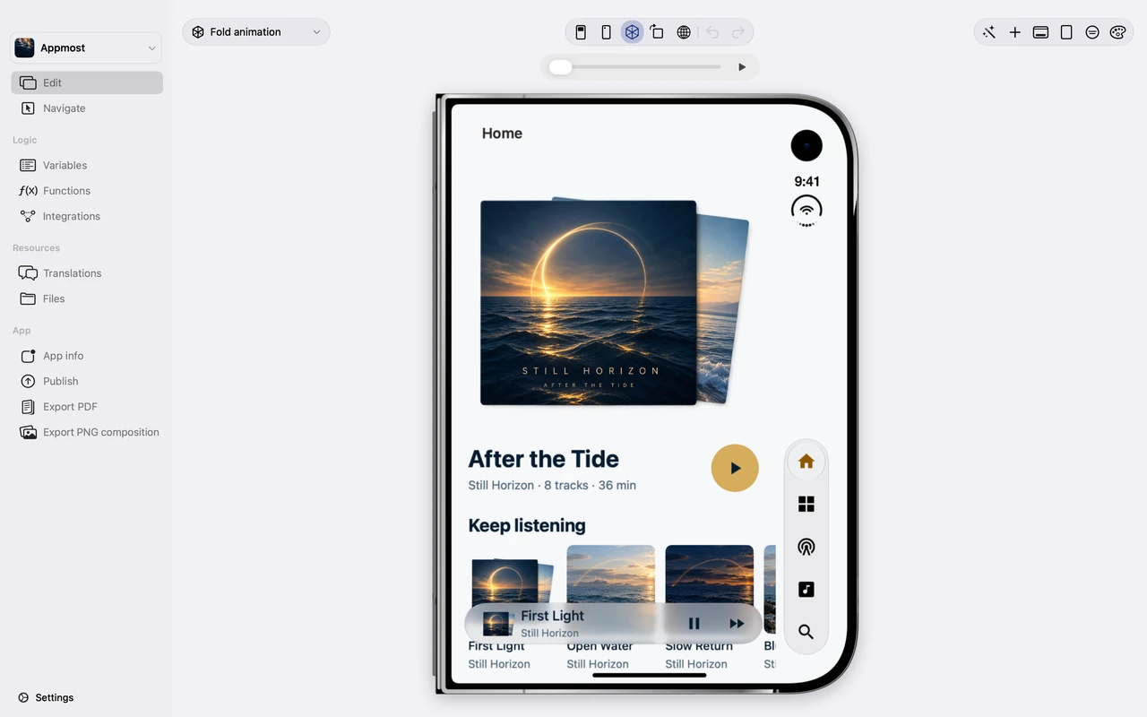 Appmost workspace showing Still Horizon’s music app on folded iPhone Duo