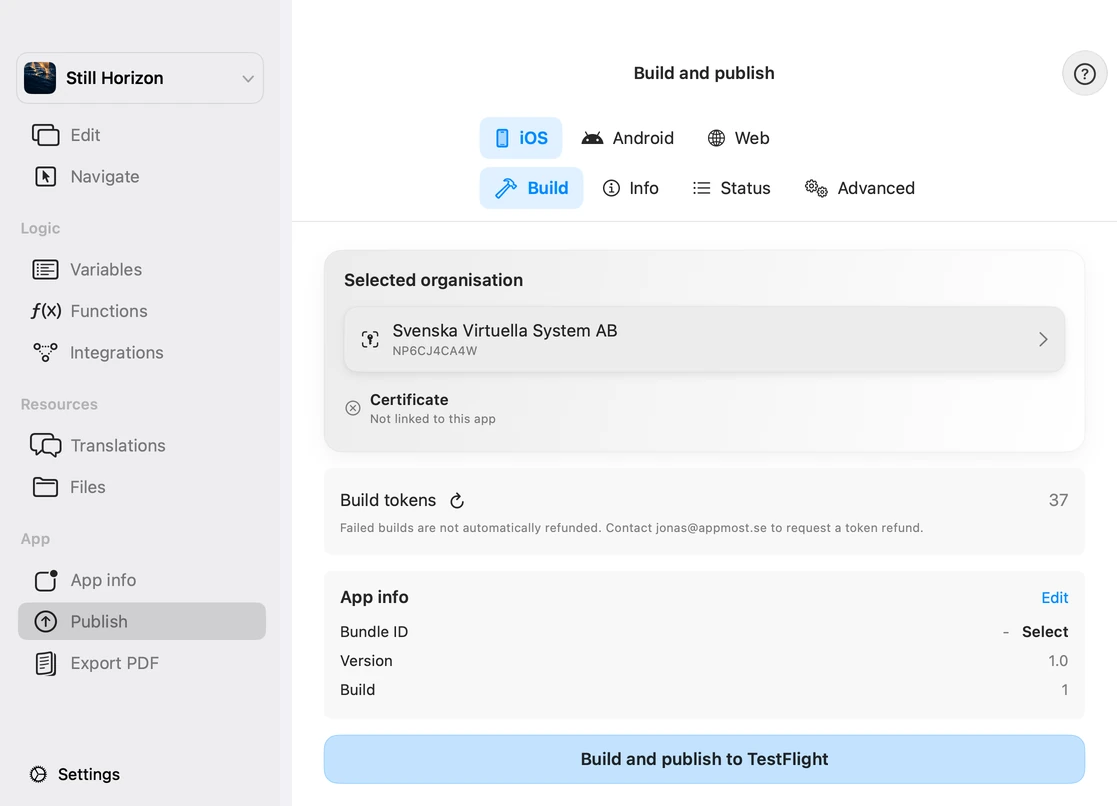 Appmost’s iOS Publish workspace showing organisation, certificate, bundle ID, version, build and the Build and publish to TestFlight button