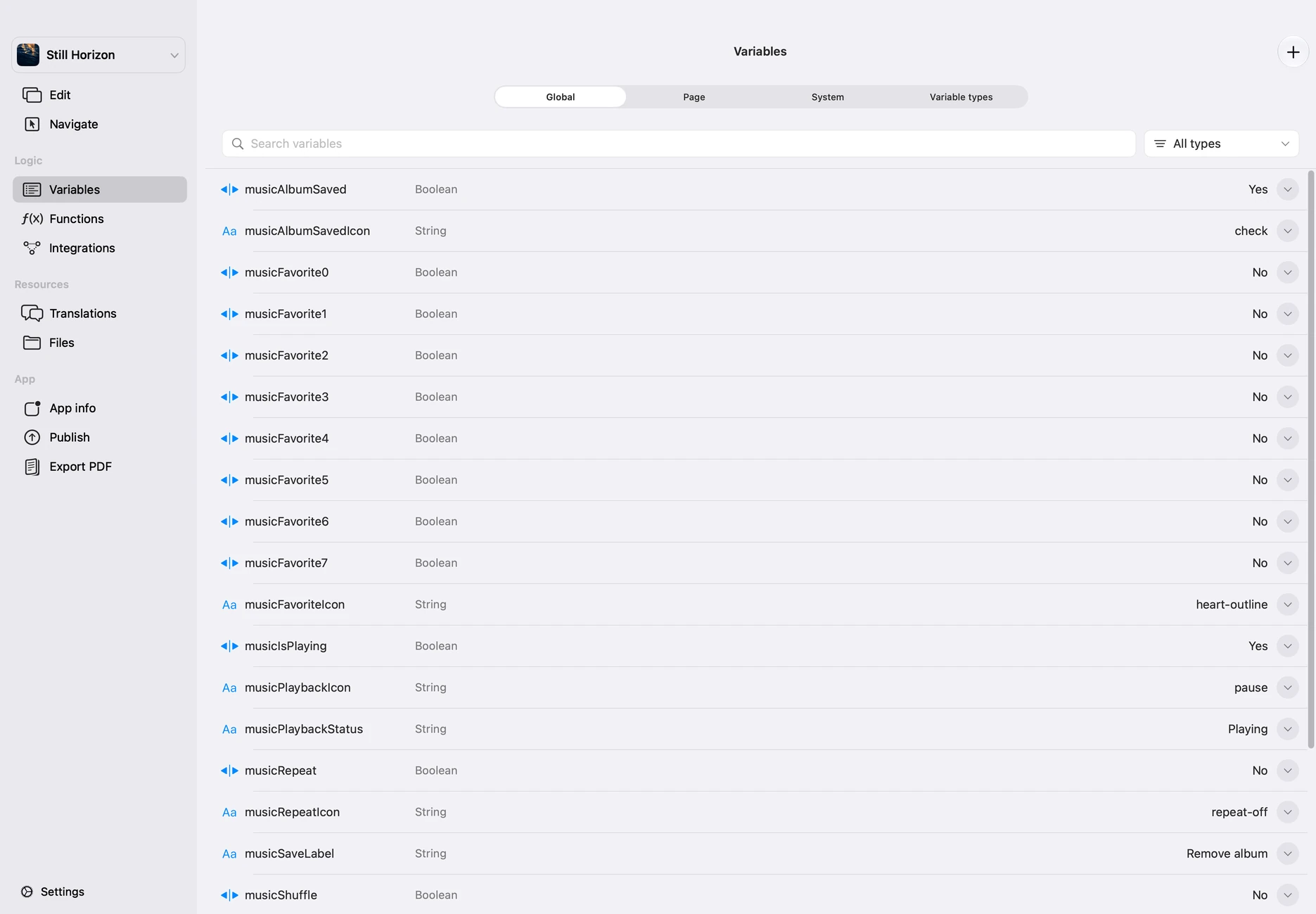 Still Horizon’s populated Variables workspace in Appmost, including saved favorites and playback state